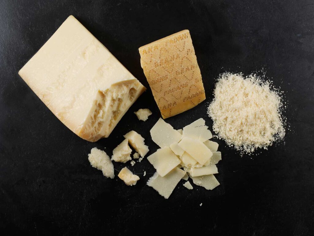 Grana padano: block, wedge, flake and crumbed