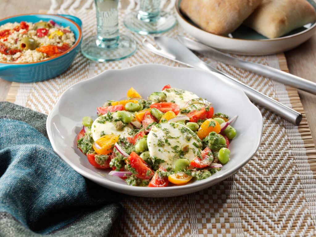 Mozzarella medallions, tomato and bean salad