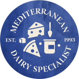 Futura blue roundel with cheese icons on it and the words Mediterranean Dairy Specialist, est 1993